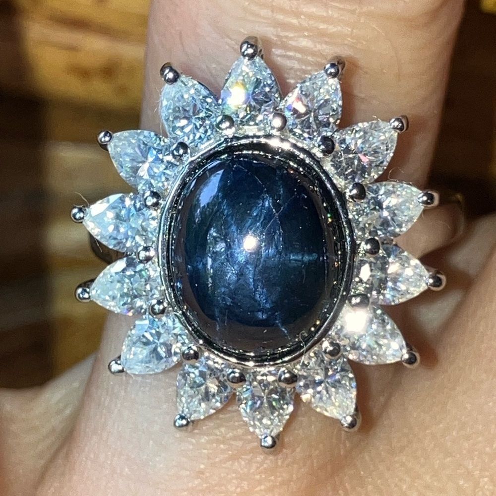 Natural Blue Star Sapphire Moissanite Sterling Silver Cocktail Ring Size 8